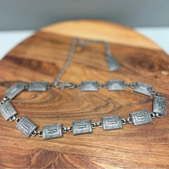 Vintage ⭐️ CONCHO Style Westeren Silver Geometric Chain Belt 37 1/2 ' Long - Picture 4 of 8